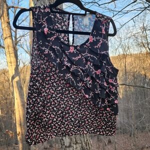 Asymmetrical Black and Pink Ruffled Blouse